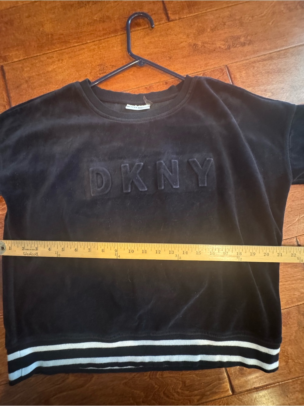 DKNY Black Velvet Short Sleeve Tee with Contrast Stripe Hem